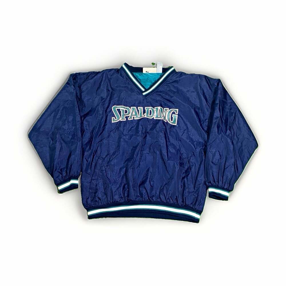 90s Spalding Men's Blue Nylon V-Neck Pullover Water Resistant Windbreaker XL